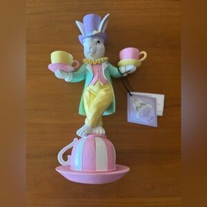 Mad Hatter White Bunny Rabbit Holding Tea Cups Candle Holder Easter Decor Spring